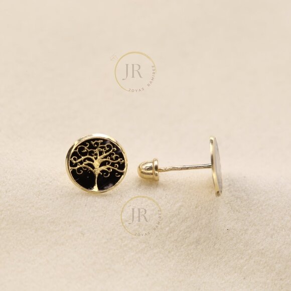 14K Yellow Gold Tree of Life Stud Earrings · Symbolic Jewelry · Screw Back. - Picture 4 of 8